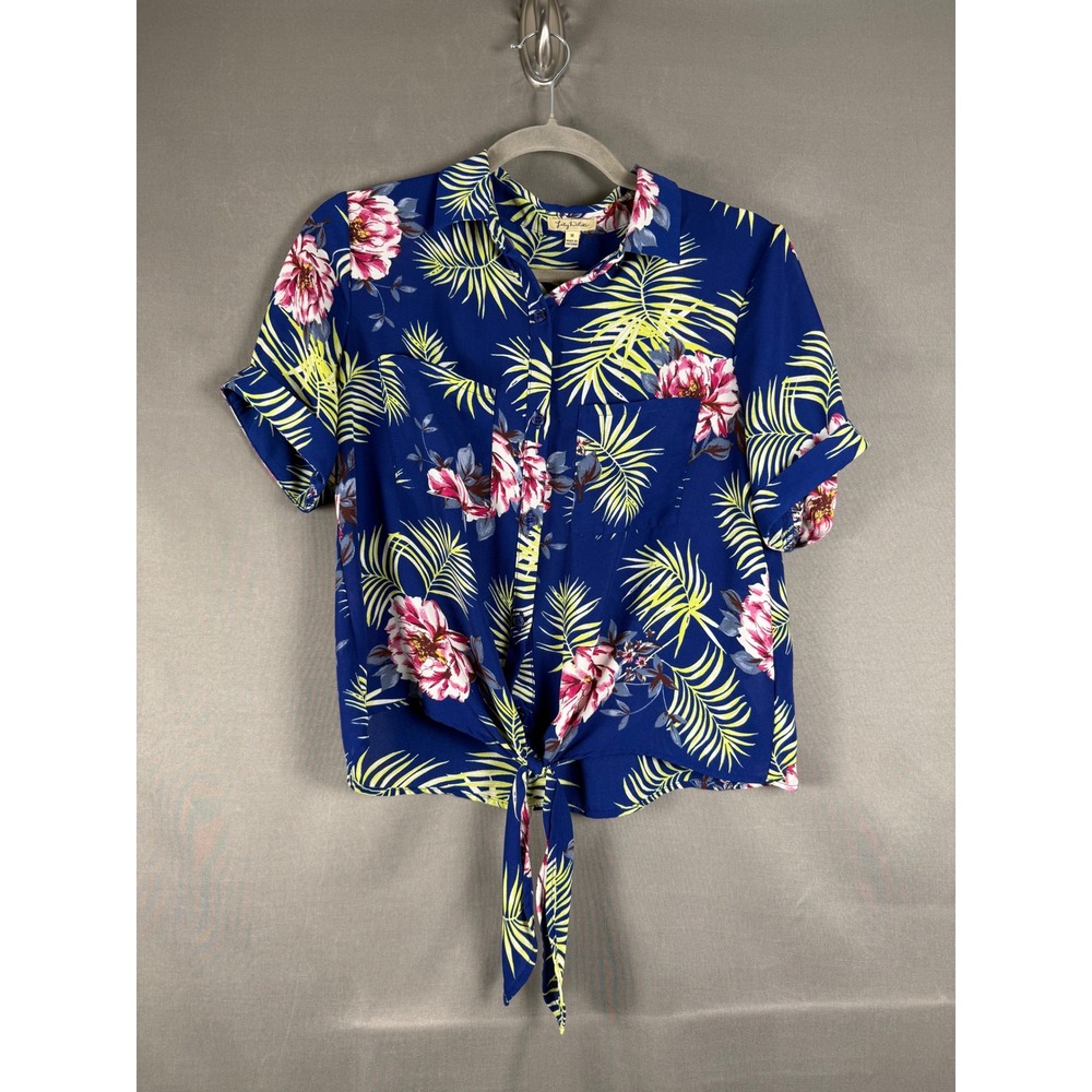 Lily White Tropical Floral Blouse Womens Medium Blue Tie Front Short Sleeve Top